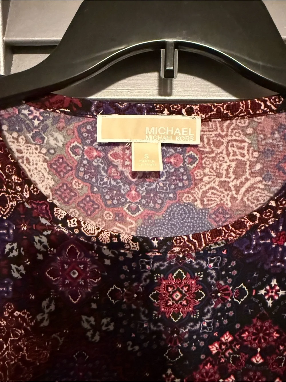 Michael Kors Burgundy and Purple Long-Sleeve Patchwork Dress